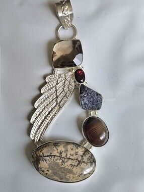 Wing Dendrite, Lace Agate,  Smoky Quartz & Druzy 925 Big Pendant